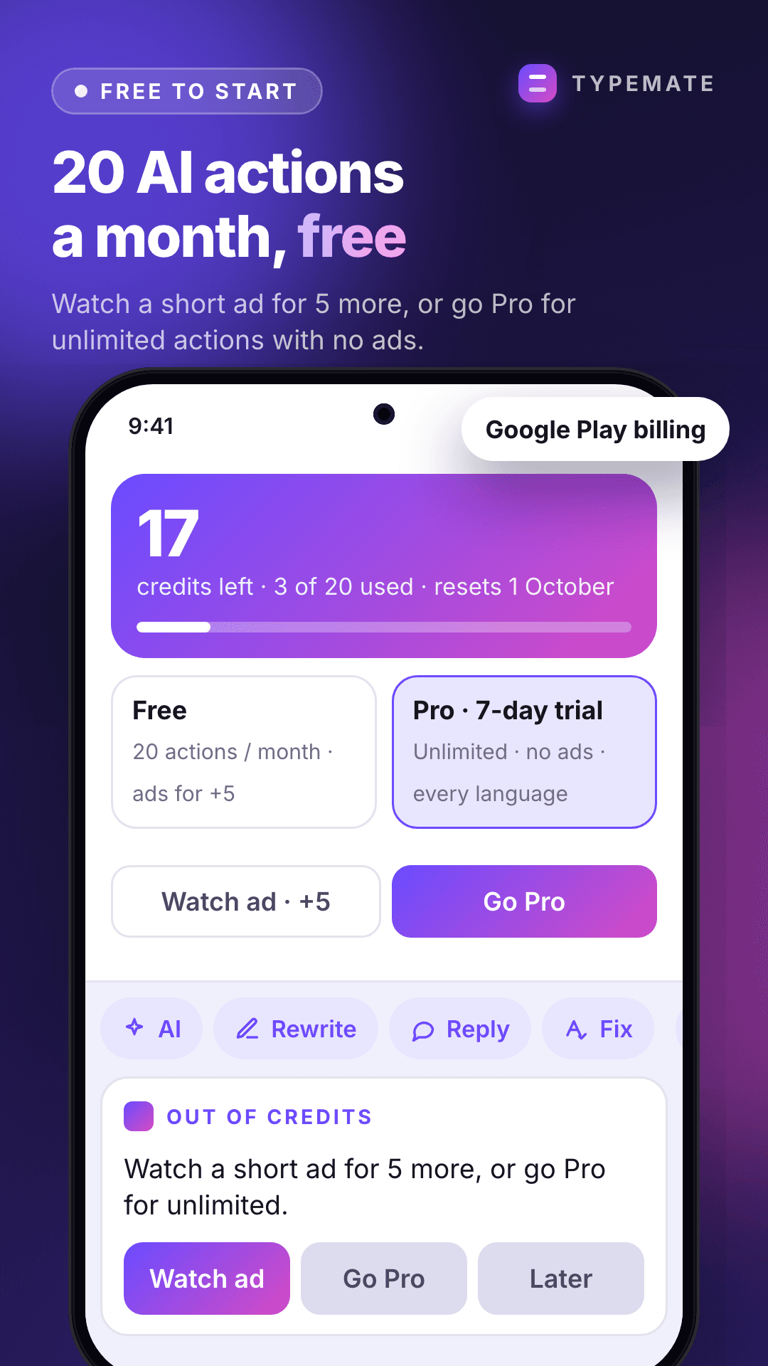 20 free actions a month, Pro for unlimited