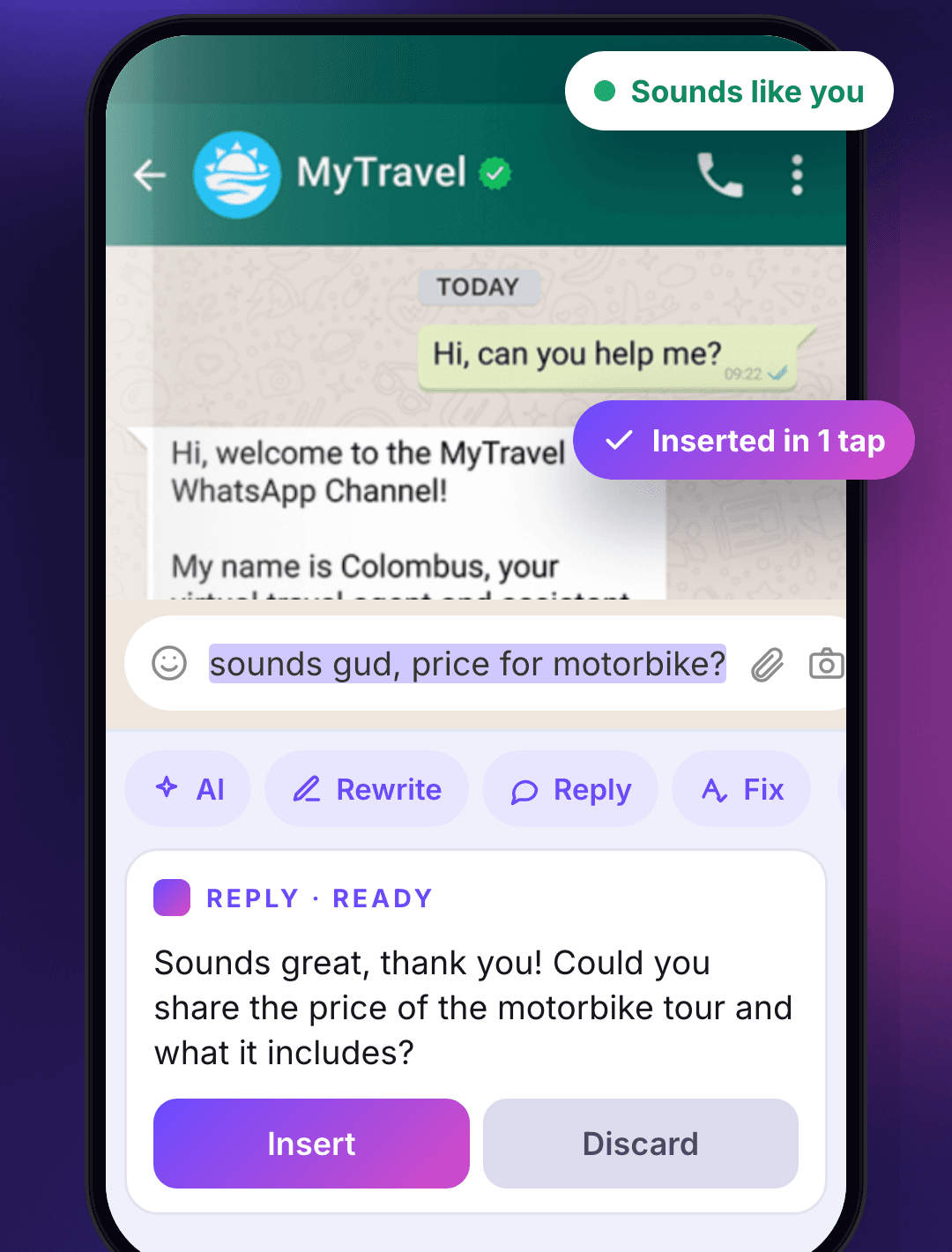 TypeMate keyboard open inside a WhatsApp chat, with the AI toolbar and a drafted reply ready to insert